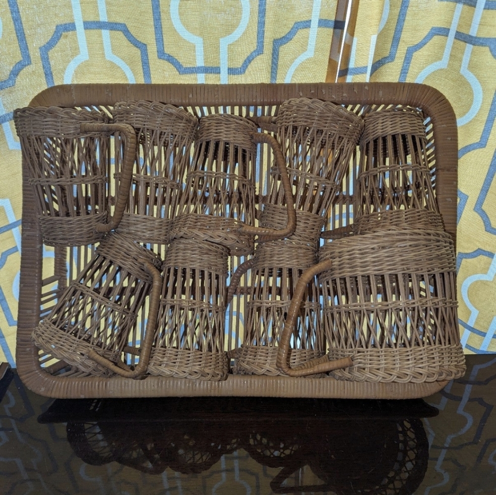 Vintage unique rare -Set Wicker Woven Rattan Drink Holders-Boho Barware Handles